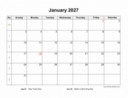 January 2027 Blank Calendar with US Holidays (horizontal)