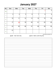 January 2027 Blank Calendar (vertical, space for notes)