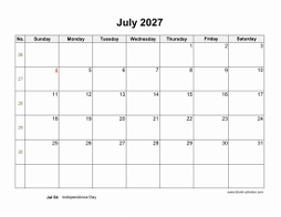 Blank Calendar for July 2027 (US Holidays, horizontal)