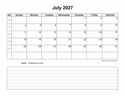 July 2027 Blank Calendar (Space for Notes, horizontal)