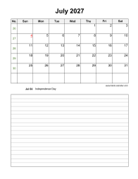 July 2027 Blank Calendar (Space for Notes, Vertical)