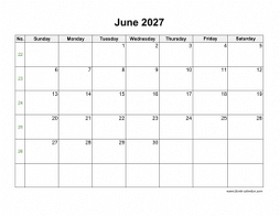 Blank Calendar for June 2027 (US Holidays, horizontal)