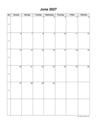 June 2027 Blank Calendar (US Holidays, vertical)