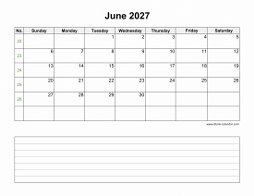 June 2027 Blank Calendar (Space for Notes, horizontal)