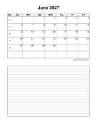 June 2027 Blank Calendar (Space for Notes, Vertical)