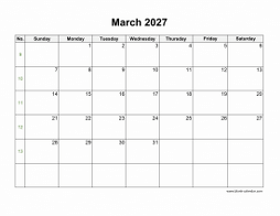 Blank Calendar for March 2027 (US Holidays, horizontal)