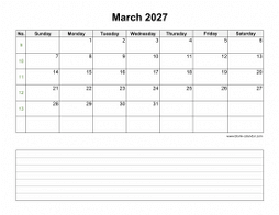 March 2027 Blank Calendar (Space for Notes, horizontal)