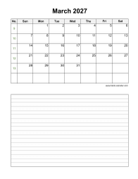 March 2027 Blank Calendar (Space for Notes, Vertical)