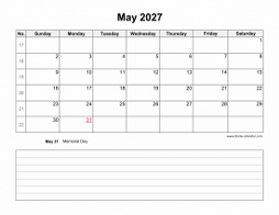 May 2027 Blank Calendar (Space for Notes, horizontal)