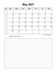 May 2027 Blank Calendar (Space for Notes, Vertical)