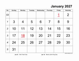 Monthly 2027 calendar with large font design, landscape orientation (horizontal)