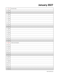 Monthly 2027 calendar, days vertically, space for appointment