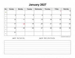 Blank Calendar 2027 (12 pages, horizontal, space for notes)