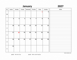 Monthly 2027 calendar with week numbers, space for notes on the right