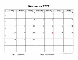 Blank Calendar for November 2027 (US Holidays, horizontal)