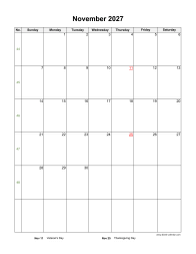 November 2027 Blank Calendar (US Holidays, vertical)