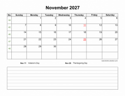 November 2027 Blank Calendar (Space for Notes, horizontal)