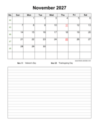November 2027 Blank Calendar (Space for Notes, Vertical)