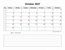 October 2027 Blank Calendar (Space for Notes, horizontal)