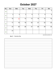 October 2027 Blank Calendar (Space for Notes, Vertical)
