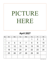 Printable April 2027 Calendar, pictures can be placed at the top