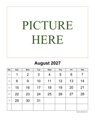 Printable August 2027 Calendar, pictures can be placed at the top