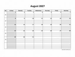 Printable August 2027 Calendar, large box grid, space for notes (horizontal)