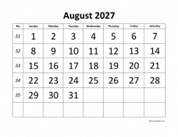 Printable August 2027 Calendar, large font design , holidays on red (horizontal)