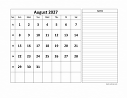 Printable August 2027 Calendar, large space for appointment and notes (horizontal)