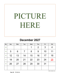 Printable December 2027 Calendar, pictures can be placed at the top