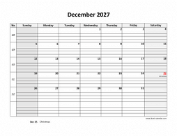Printable December 2027 Calendar, large box grid, space for notes (horizontal)