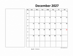 Printable December 2027 Calendar, large box, Federal Holidays listed, space for notes (horizontal)