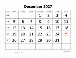Printable December 2027 Calendar, large font design , holidays on red (horizontal)