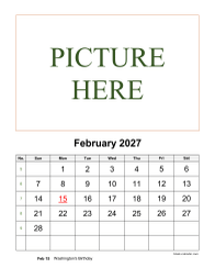 Printable February 2027 Calendar, pictures can be placed at the top