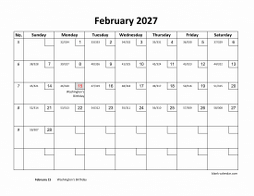Printable February 2027 Calendar with check boxes (horizontal)