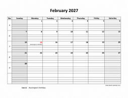 Printable February 2027 Calendar, large box grid, space for notes (horizontal)