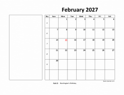 Printable February 2027 Calendar, large box, Federal Holidays listed, space for notes (horizontal)