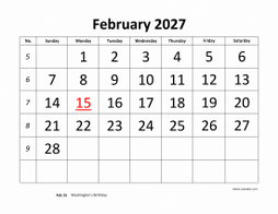 Printable February 2027 Calendar, large font design , holidays on red (horizontal)