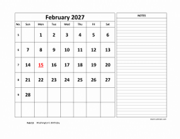 Printable February 2027 Calendar, large space for appointment and notes (horizontal)