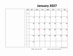 Printable January 2027 Calendar, large box, Federal Holidays listed, space for notes (horizontal)