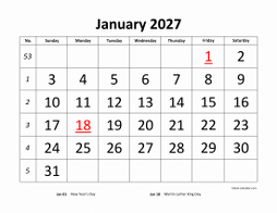 January 2027 printable calendar, large font design
