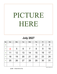 Printable July 2027 Calendar, pictures can be placed at the top