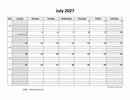 Printable July 2027 Calendar, large box grid, space for notes (horizontal)