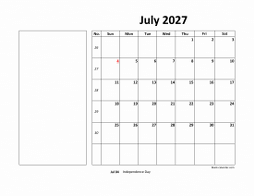 Printable July 2027 Calendar, large box, Federal Holidays listed, space for notes (horizontal)