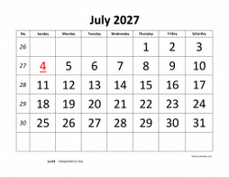 Printable July 2027 Calendar, large font design , holidays on red (horizontal)