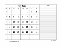 Printable July 2027 Calendar, large space for appointment and notes (horizontal)