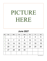 Printable June 2027 Calendar, pictures can be placed at the top