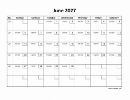 Printable June 2027 Calendar with check boxes (horizontal)