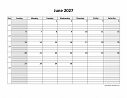 Printable June 2027 Calendar, large box grid, space for notes (horizontal)