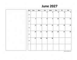 Printable June 2027 Calendar, large box, Federal Holidays listed, space for notes (horizontal)